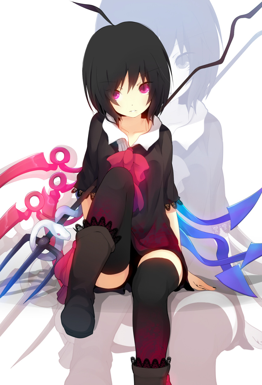 ahoge, asymmetrical_wings, bad_id, black_buraku, black_hair, black_legwear, boots, bow