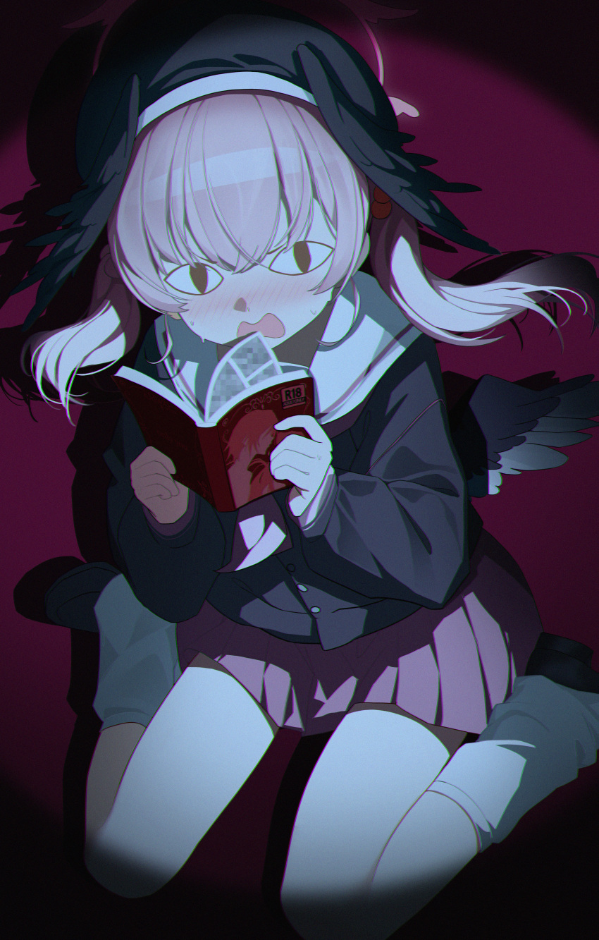 <|>_<|>, 1girl, absurdres, benpao_de_ruoji, beret, black_hat, black_wings, blue_archive