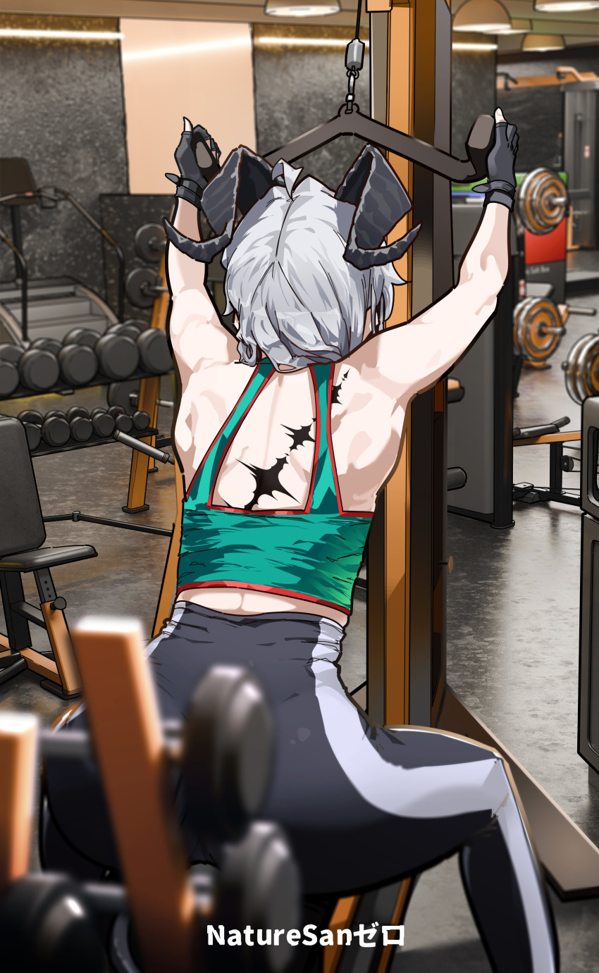 1girl, absurdres, ahoge, bare_shoulders, black_gloves, black_horns, commentary, curled_horns