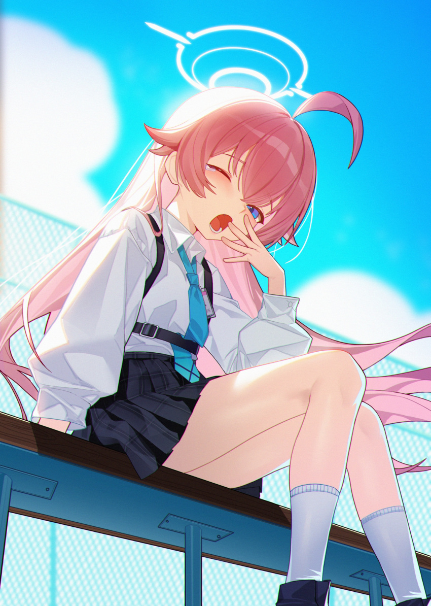 1girl, :o, ;o, ahoge, aqua_necktie, benpao_de_ruoji, black_skirt, blue_archive