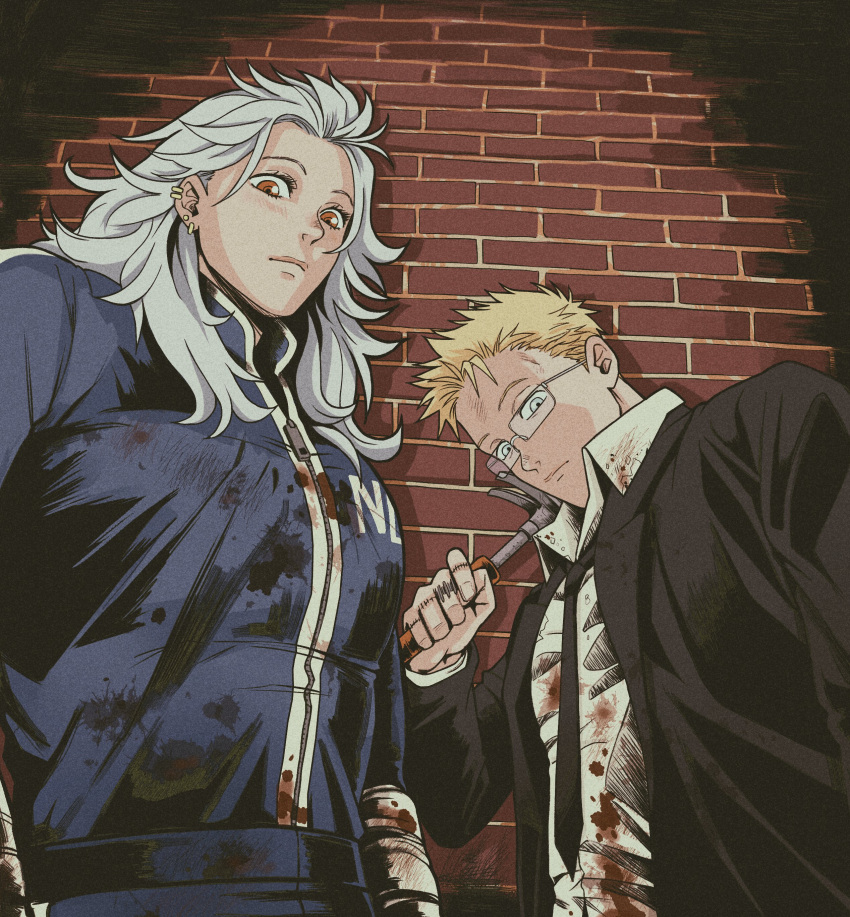 1boy, 1girl, absurdres, black_jacket, black_necktie, blonde_hair, blood, blood_on_clothes