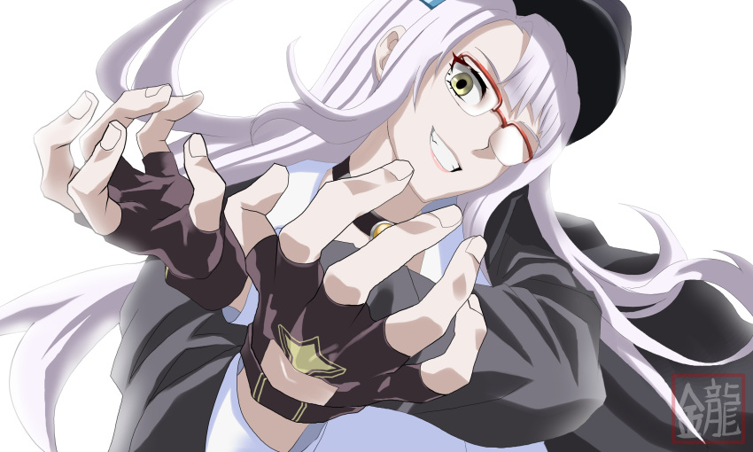 1girl, black_choker, black_coat, black_gloves, black_hat, choker, coat, fingerless_gloves