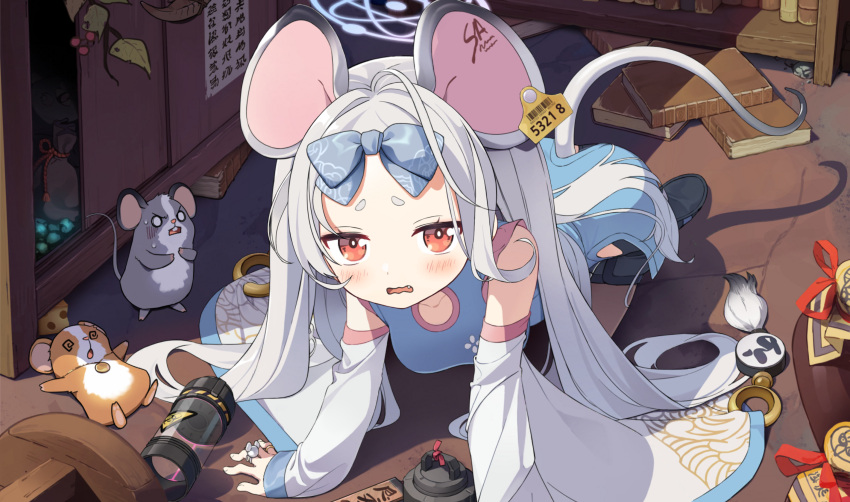 1girl, all_fours, animal, animal_ears, barcode, blue_archive, blue_bow, blue_halo