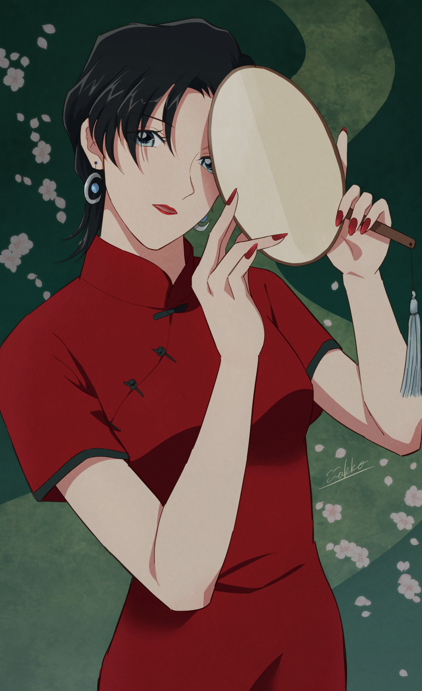 1girl, absurdres, black_hair, china_dress, chinese_clothes, commentary_request, cowboy_shot, dress
