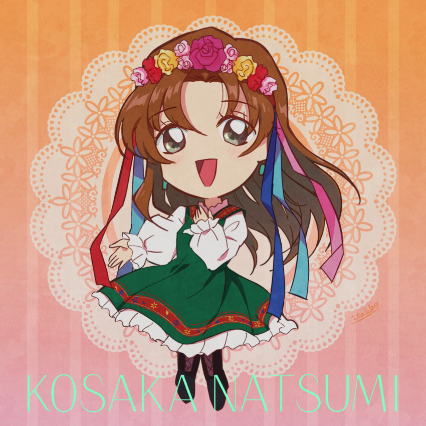 1girl, :d, black_boots, boots, brown_hair, character_name, chibi, commentary_request