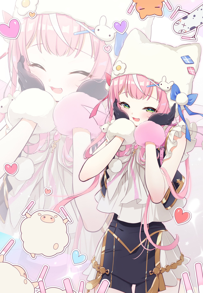 1girl, :d, absurdres, animal_hat, black_gloves, blush, cat_hat, commentary_request