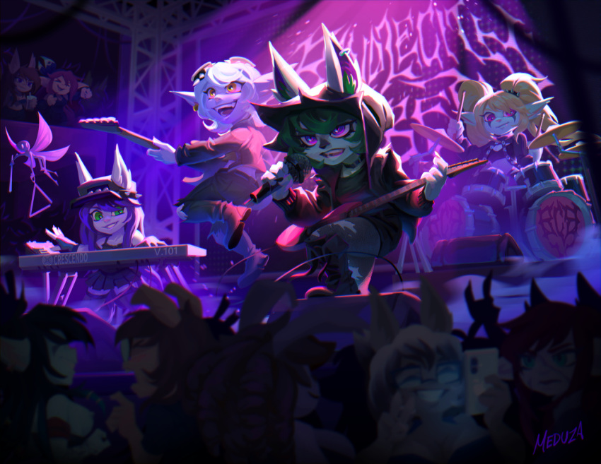 1boy, 4girls, :d, alternate_costume, animal_ears, audience, baseball_cap, black_hoodie
