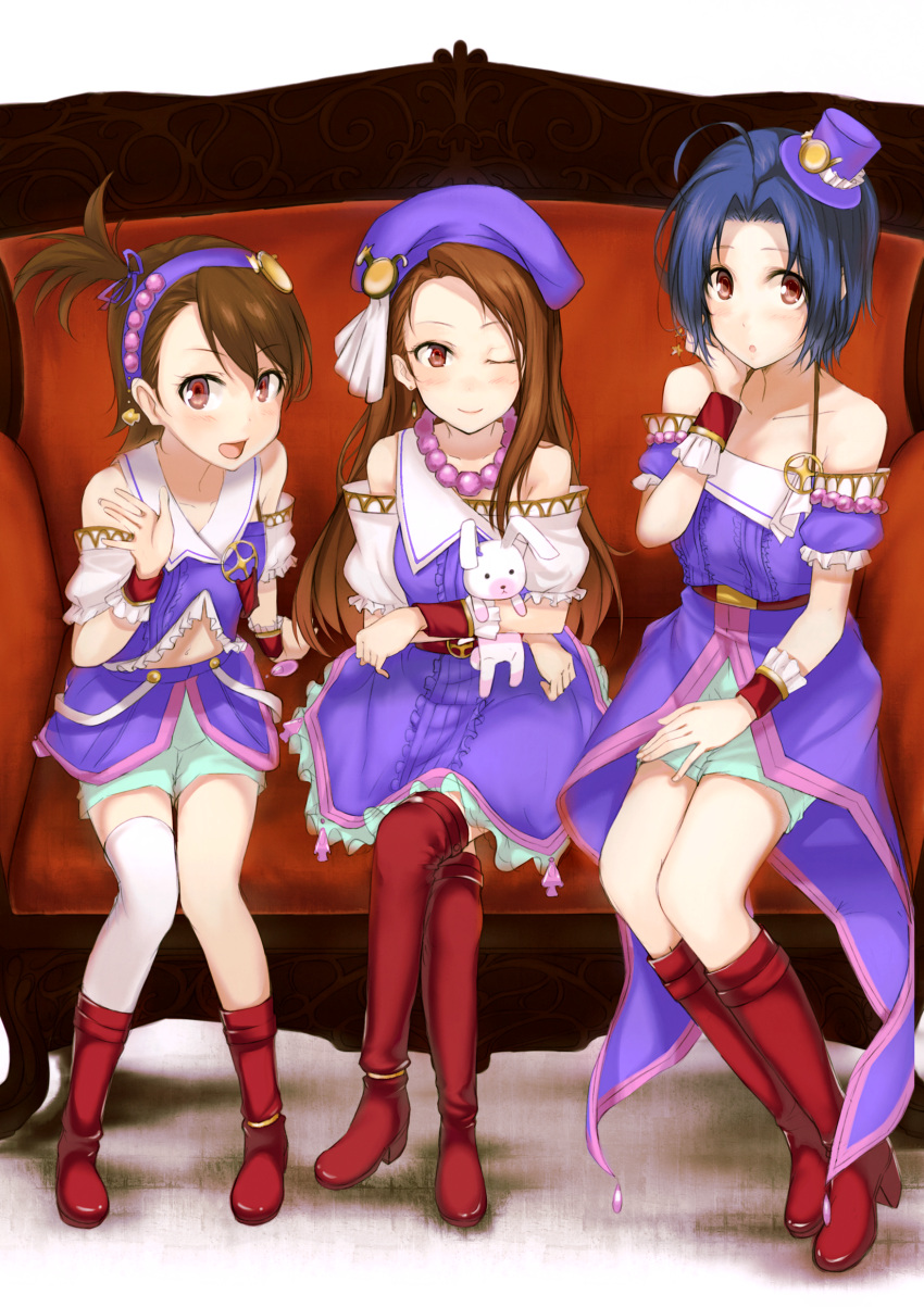3girls, :d, :o, absurdres, arm_support, bare_shoulders, blue_eyes, blush
