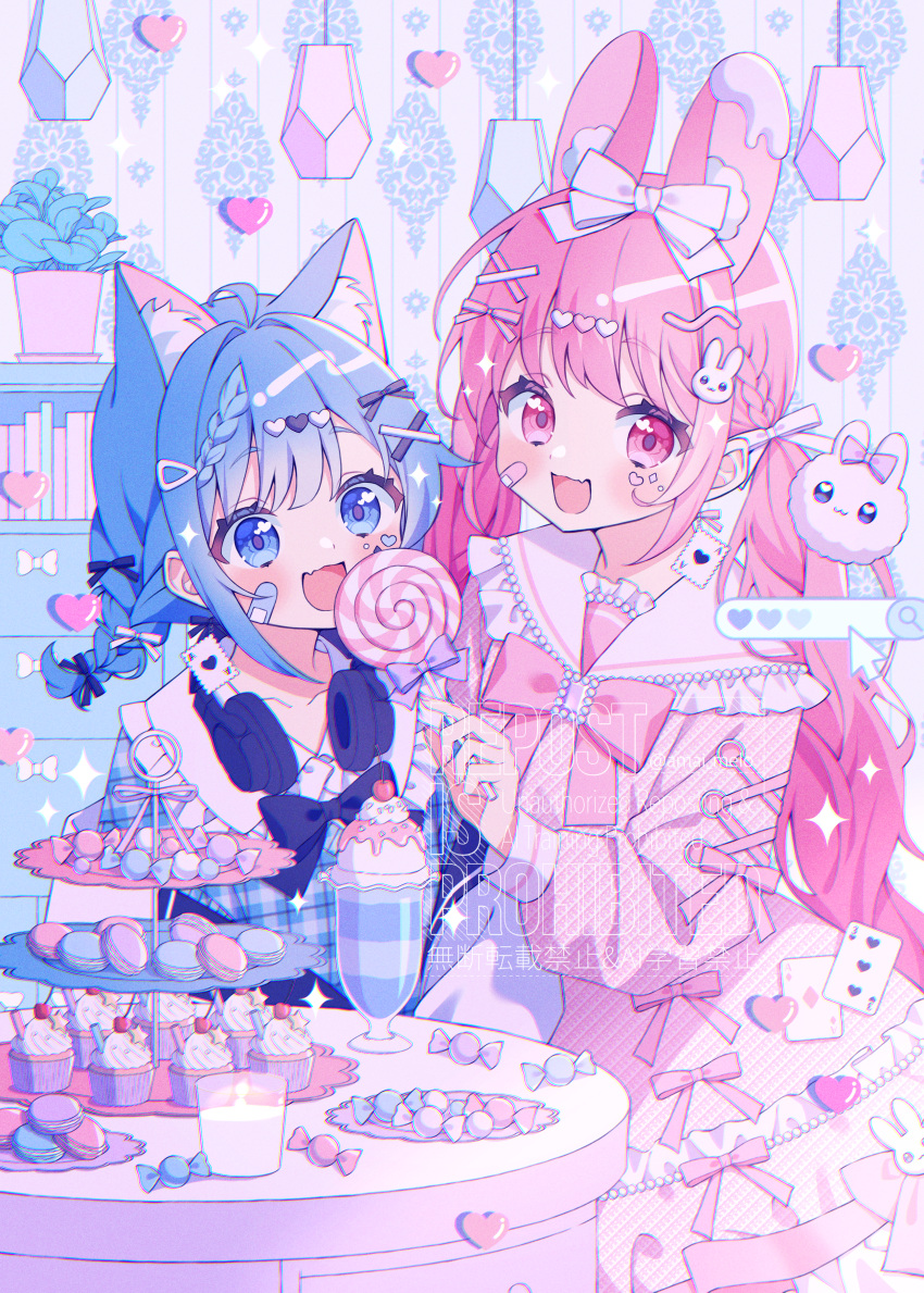 2girls, :d, absurdres, ace_(playing_card), ace_of_diamonds, ace_of_hearts, ahoge, amai_melo