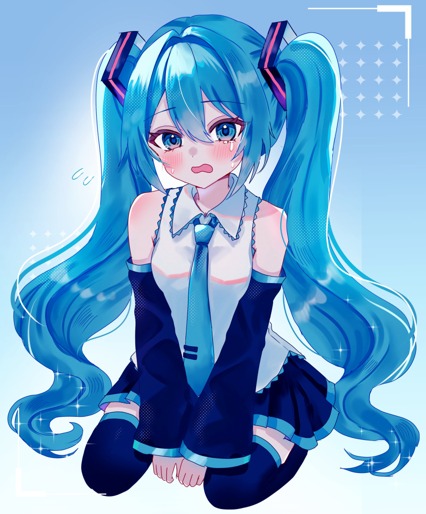 1girl, absurdres, bare_shoulders, blue_eyes, blue_hair, blue_necktie, blue_skirt, blue_sleeves