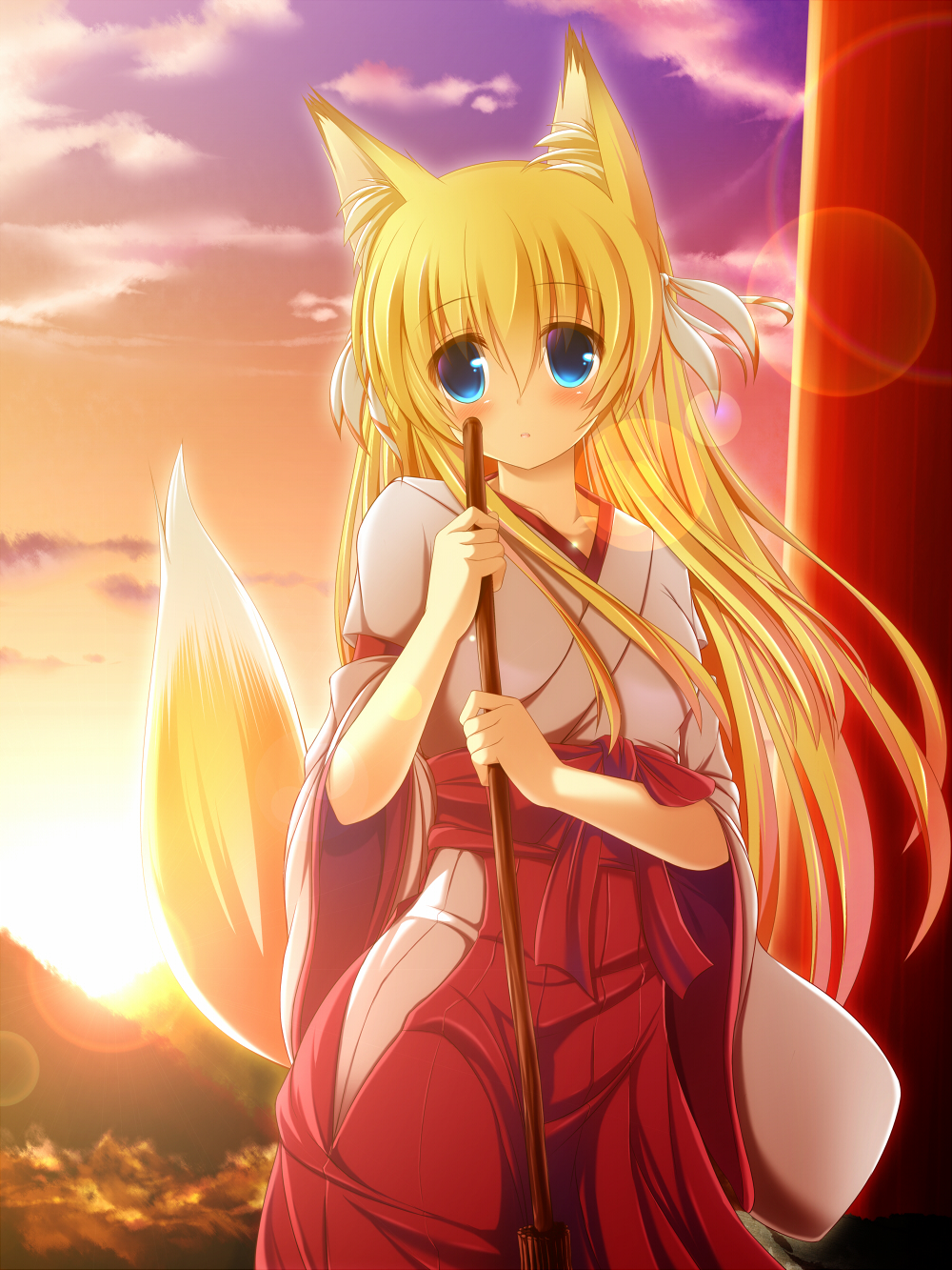 blonde_hair, blue_eyes, blush, fox_ears, fox_tail, highres, japanese_clothes, konoha_(nozomi_tsubame)