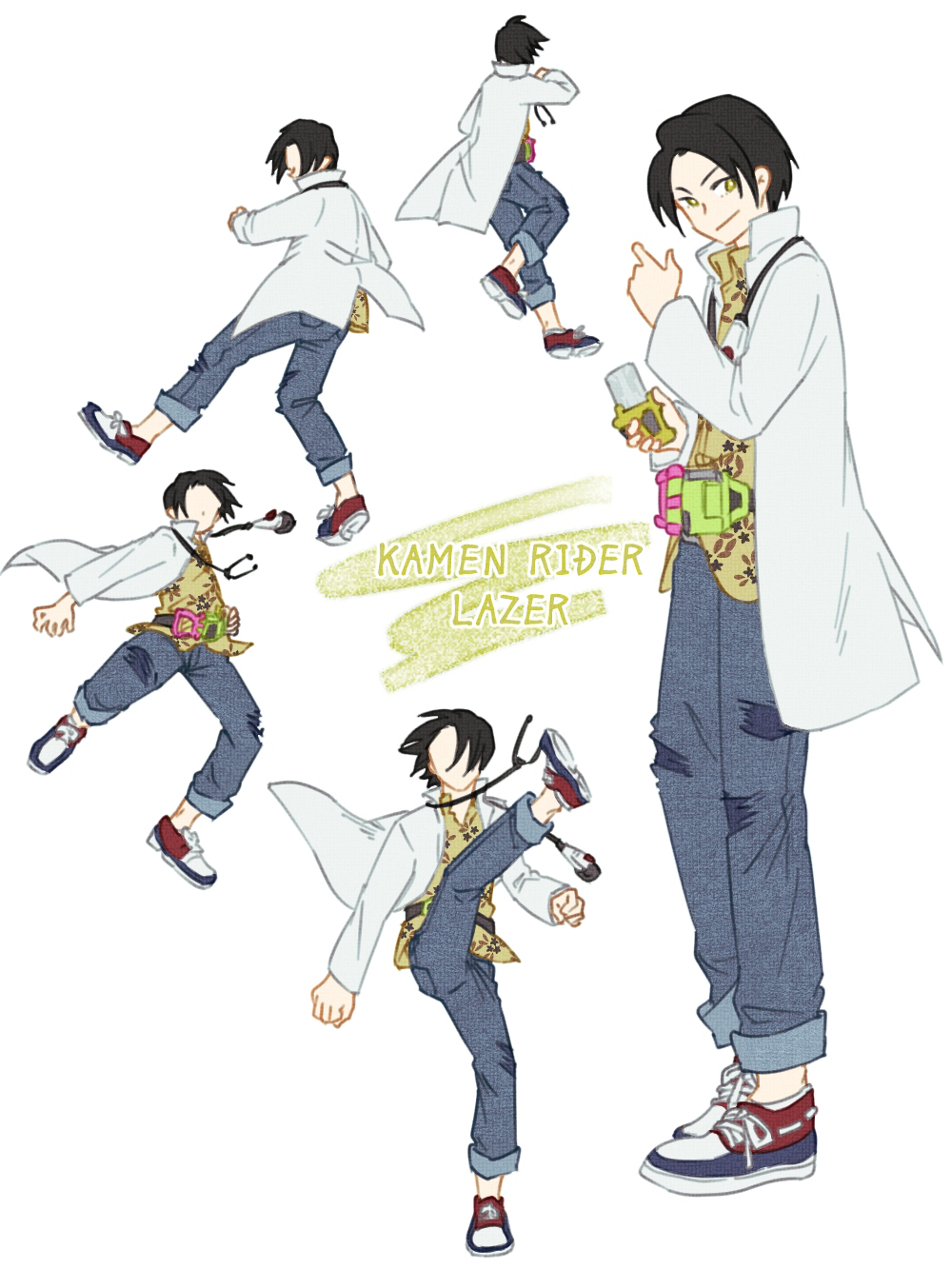 1boy, animification, black_hair, bright_pupils, closed_mouth, coat, collared_shirt, floating_clothes, floral_print, gamer_driver, high_collar, high_kick, highres, holding, kamen_rider, kamen_rider_ex-aid_(series), kicking, komato_(png_es), kujo_kiriya, lab_coat, layered_clothes, long_sleeves, male_focus, multiple_views, open_clothes, open_coat, pants, pants_rolled_up, rider_belt, rider_gashat, shirt, shoelaces, shoes, short_hair, simple_background, smile, standing, standing_on_one_leg, stethoscope_around_neck, white_background, white_coat, white_pupils, yellow_eyes