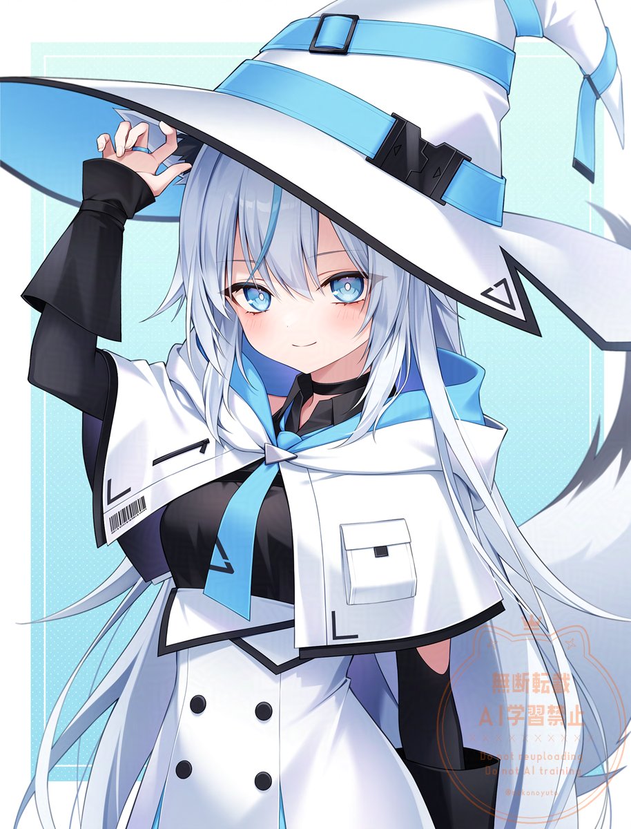 1girl, animal_ears, barcode, belt, belt_buckle, black_shirt, blue_background, blue_belt