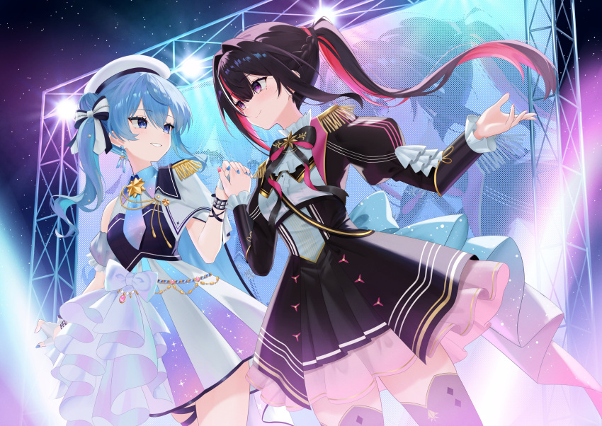 2girls, absurdres, azki_(hololive), azki_(prima_diva)_(hololive), beret, black_bow, black_bowtie, black_hair