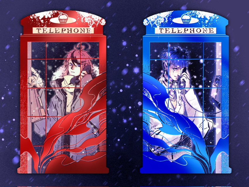 2boys, antenna_hair, black_collar, black_hair, black_streaks, blue_eyes, blue_hair, blue_jacket, collar, collared_shirt, commentary_request, diymivokin, earrings, fur_trim, gloves, highres, jacket, jewelry, male_focus, multicolored_hair, multiple_boys, nose, omokage_yugamu, phone, phone_booth, red_hair, ring, scarf, shirt, snowing, streaked_hair, sumino_takumi, sweater, the_hundred_line_-last_defense_academy-, white_gloves, white_jacket, white_scarf, white_shirt, yellow_sweater