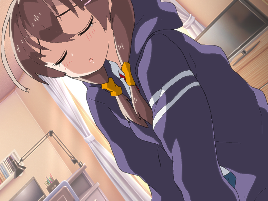 1girl, anime_coloring, blush, brown_hair, closed_eyes, collared_shirt, dutch_angle, eri_(mayoineko_o_tomeyou)