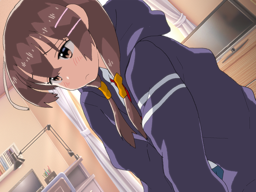 1girl, :<, anime_coloring, blush, brown_eyes, brown_hair, closed_mouth, collared_shirt