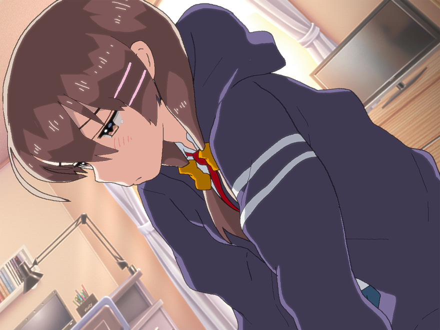 1girl, anime_coloring, blush, brown_eyes, brown_hair, closed_mouth, collared_shirt, dutch_angle