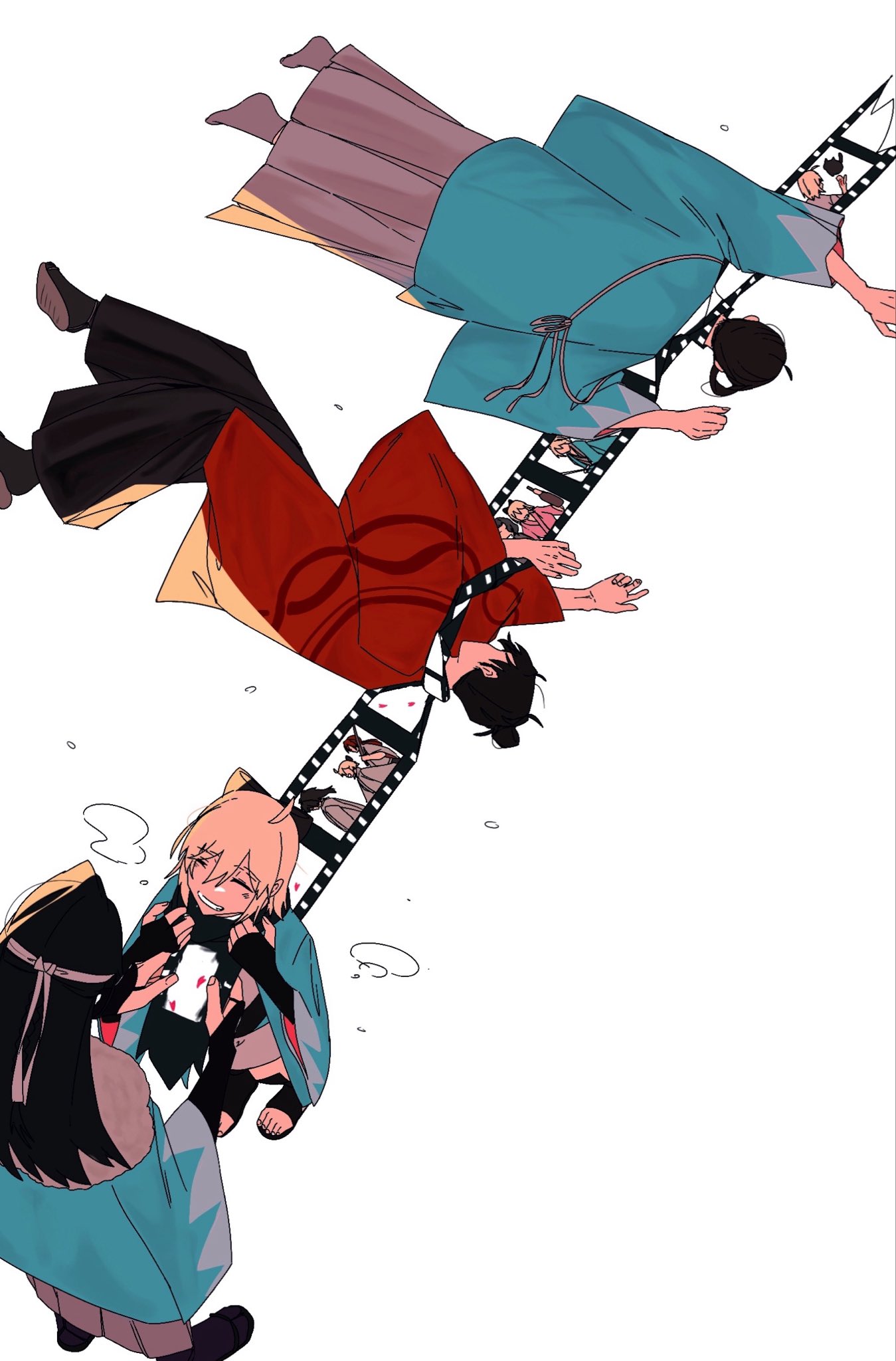 ahoge, aqua_haori, black_hakama, closed_eyes, commentary_request, corpse, facing_another, fate/grand_order