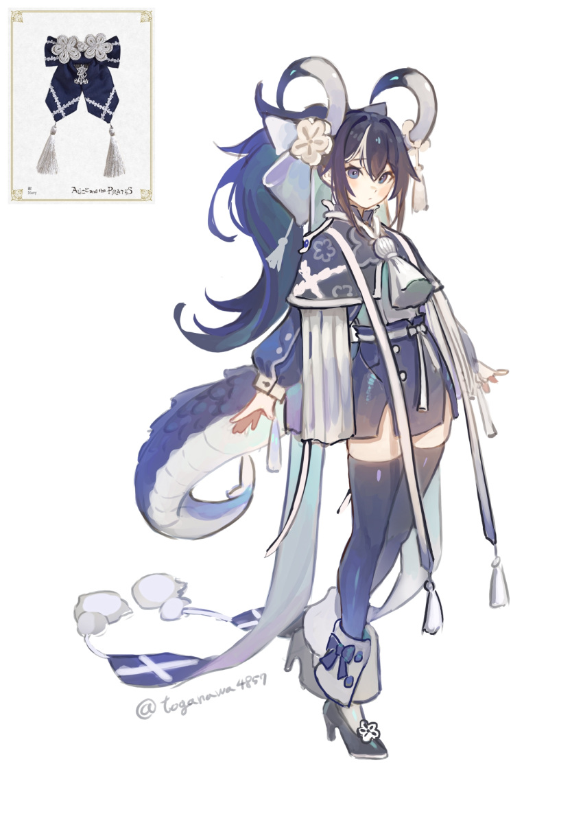 1girl, arms_at_sides, black_hair, black_shoes, black_thighhighs, blue_capelet, blue_eyes, blue_skirt