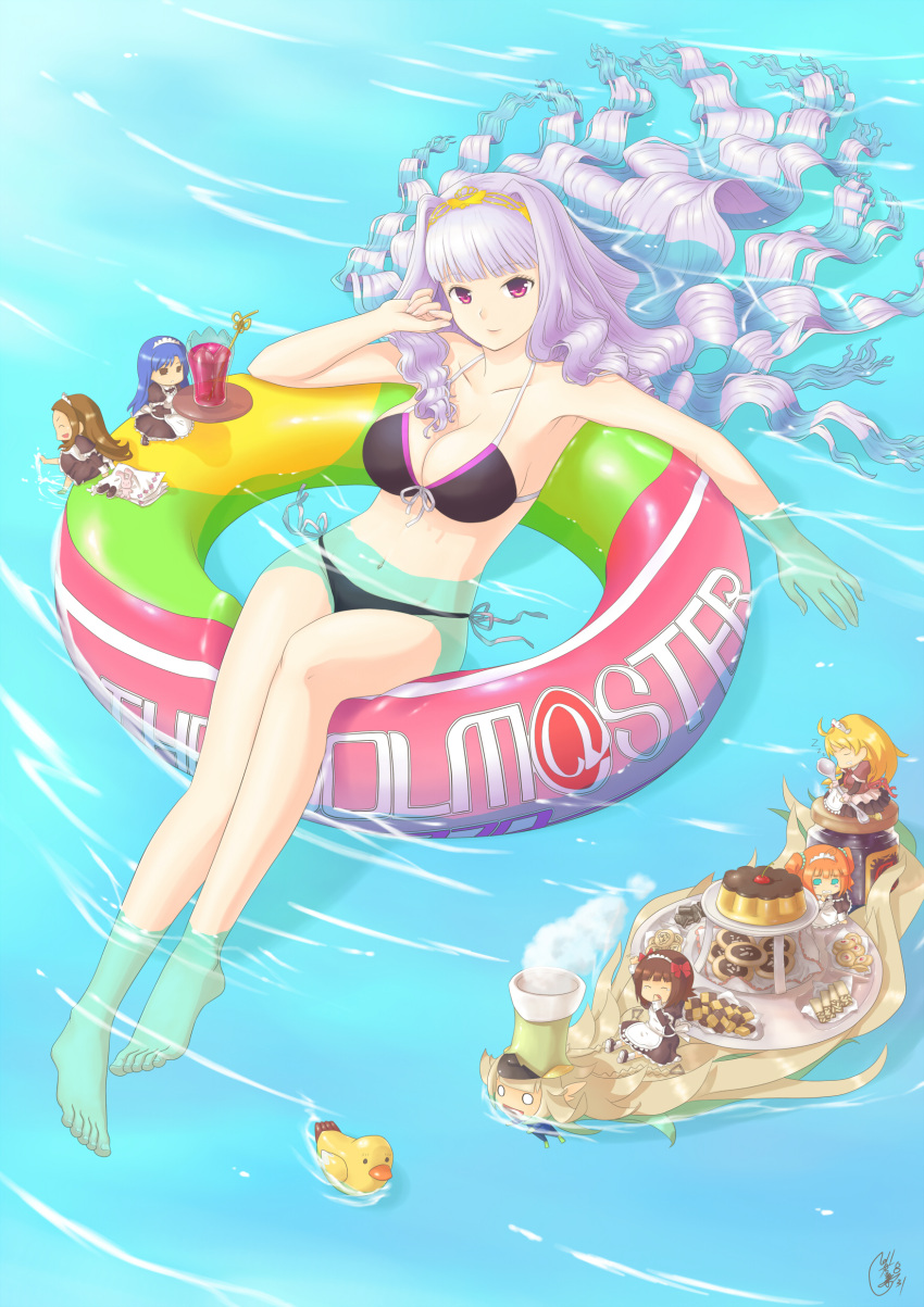 absurdres, afloat, amami_haruka, barefoot, bikini, breasts, cake, checkerboard_cookie