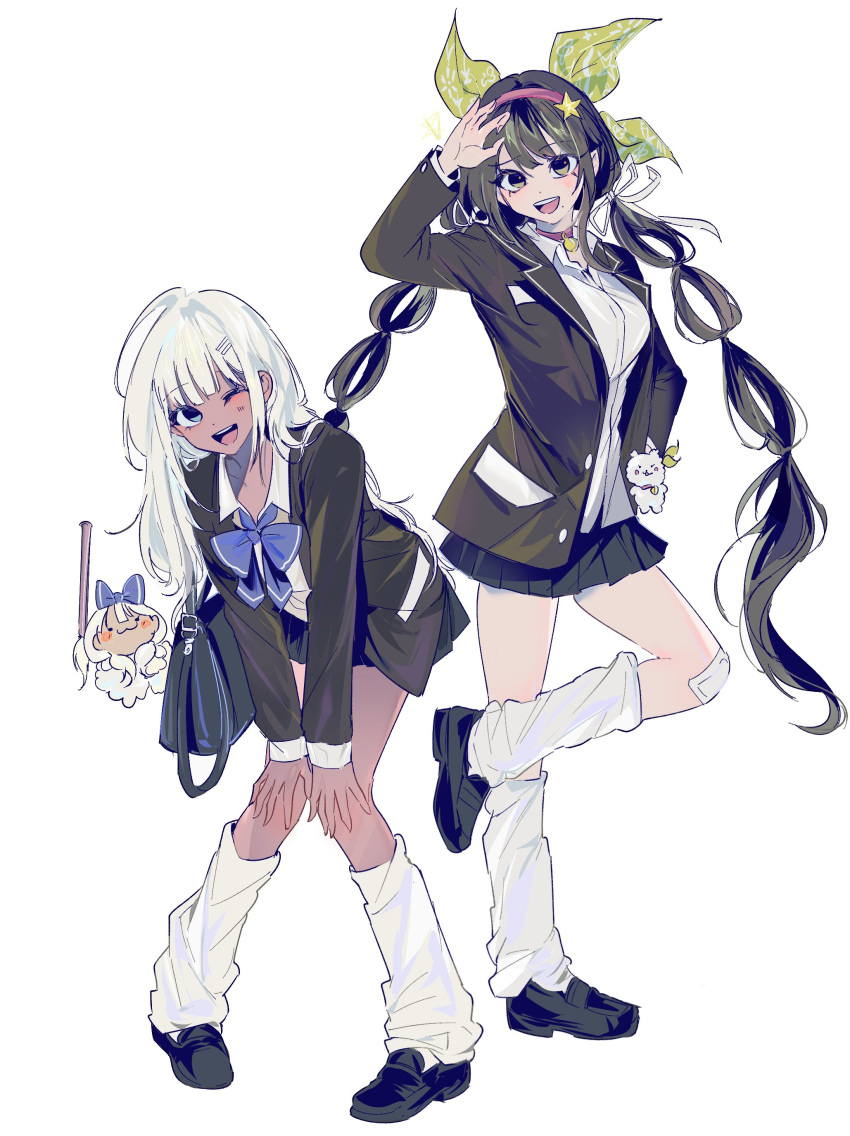 2girls, absurdres, arm_up, bag, bell, black_bag, black_hair, black_jacket