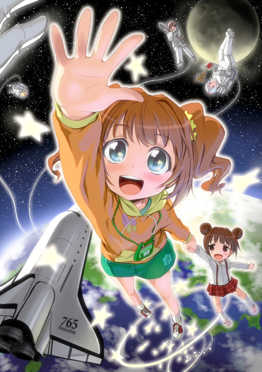 bag, brown_eyes, brown_hair, double_bun, earth, food, frog, gravity