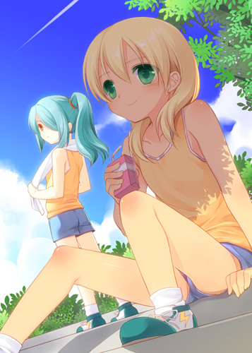 blonde_hair, blue_hair, green_eyes, hair_over_one_eye, inazuma_eleven, inazuma_eleven_(series), juice_box, kazemaru_ichirouta