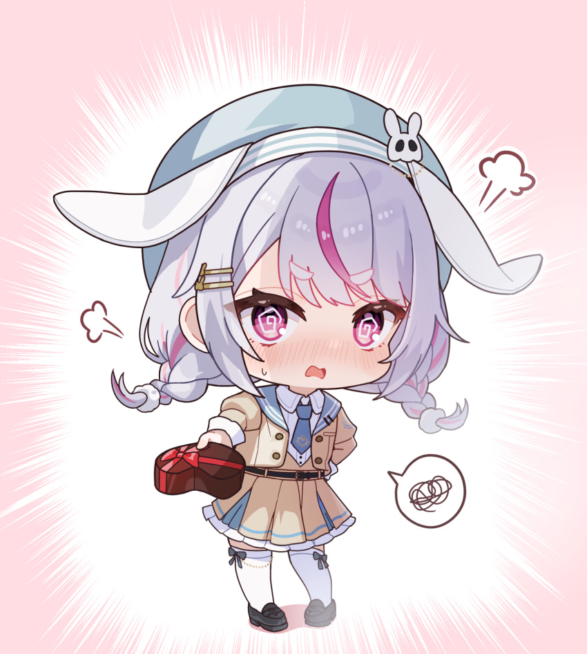 1girl, animal_ears, beret, black_shoes, blue_necktie, blue_sailor_collar, box, braid