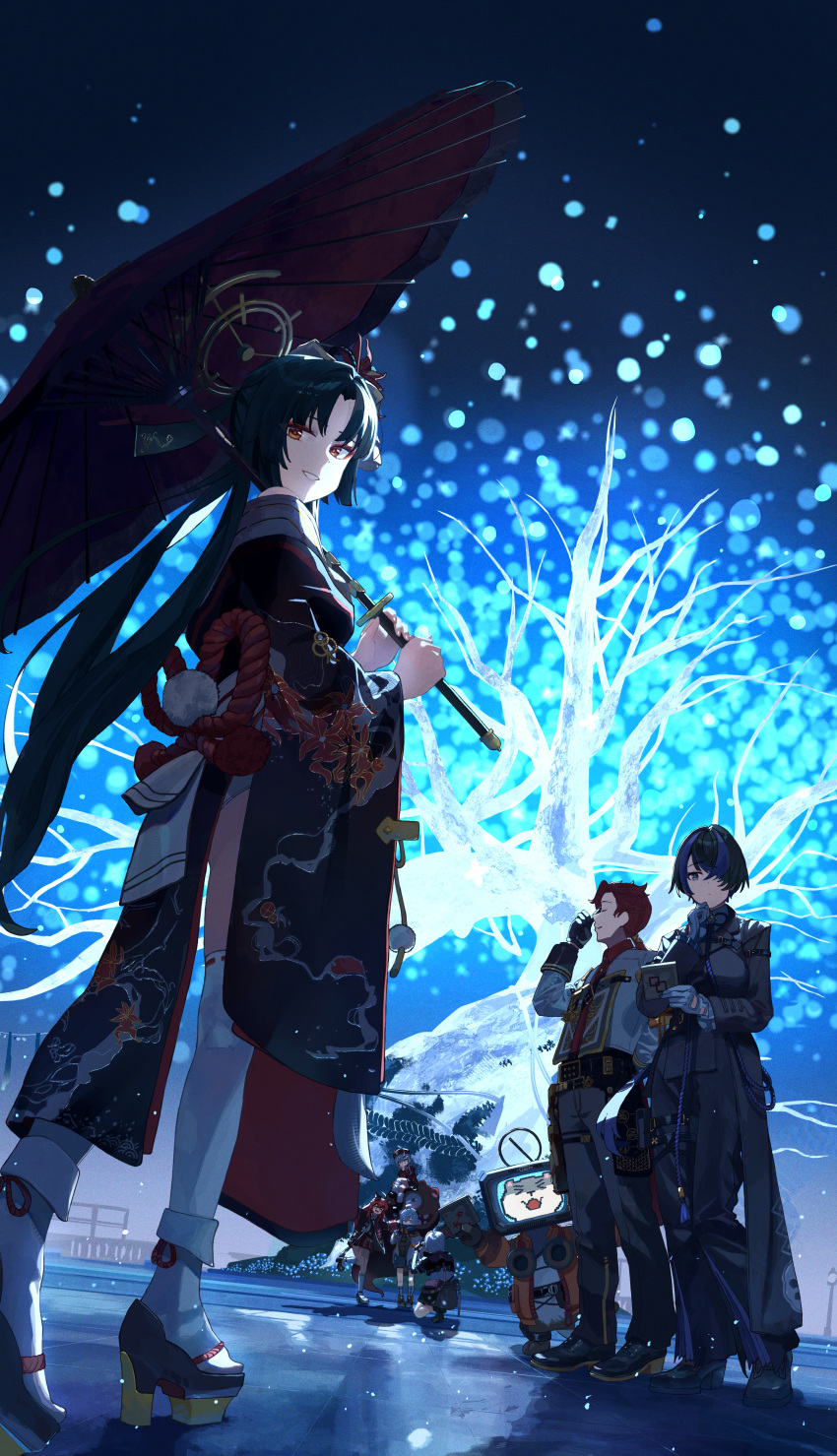 2boys, 4girls, absurdres, adler_(neverness_to_everness), animal_ear_fluff, animal_ears, black_gloves, black_hair
