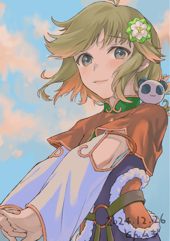 1girl, animal_hair_ornament, commentary_request, grey_eyes, grey_hair, hair_ornament, long_sleeves, looking_at_viewer, panda_hair_ornament, rune_factory, rune_factory_4, smile, solo, tonmugi, wide_sleeves, xiao_pai