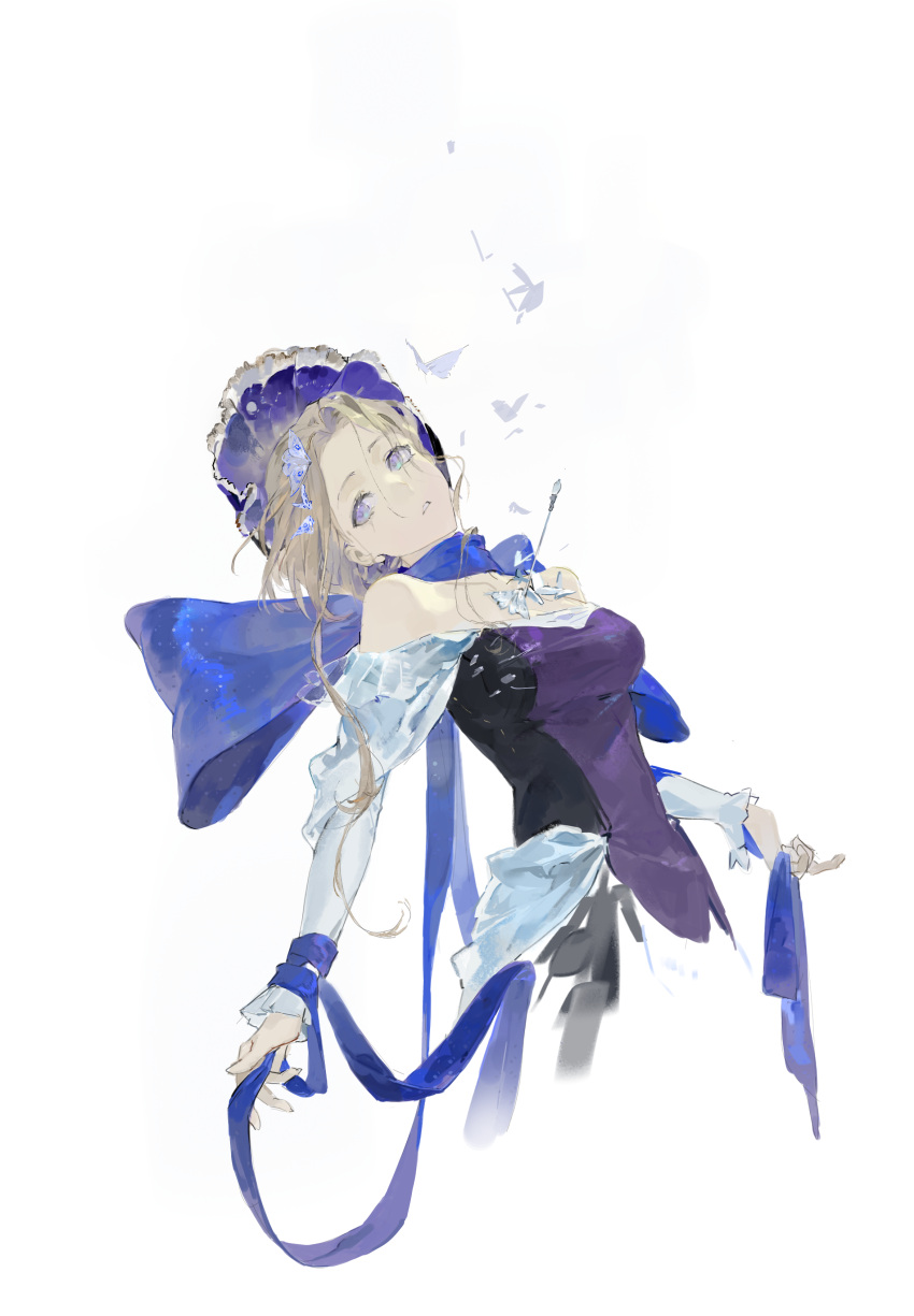 1girl, absurdres, bare_shoulders, blue_bonnet, blue_bow, blue_eyes, bo'abi, bonnet