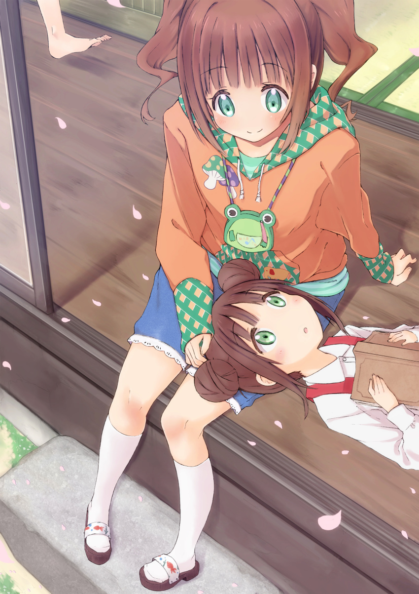 :o, absurdres, bag, barefoot, book, brown_hair, chika_(orange_pop), double_bun