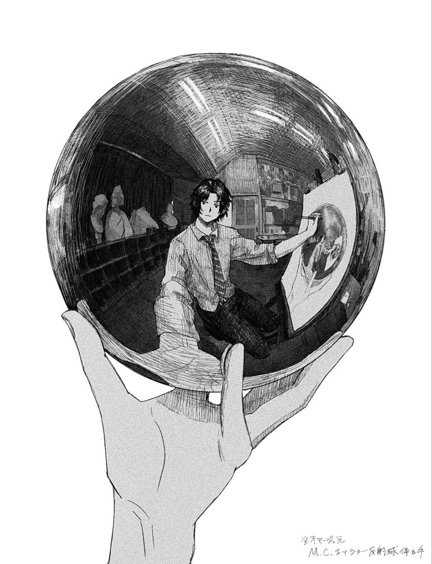 1boy, bust_(sculpture), canvas_(object), closed_mouth, collared_shirt, diagonal-striped_clothes, diagonal-striped_necktie, door, easel, fine_art_parody, greyscale, hand_up, hand_with_reflecting_sphere, highres, holding, holding_orb, holding_paintbrush, indoors, looking_at_reflection, looking_at_self, looking_at_viewer, male_focus, monochrome, necktie, orb, original, outstretched_arm, paintbrush, painting_(action), painting_(object), pants, parody, recursion, reflection, reflection_focus, shirt, short_hair, simple_background, solo, striped_clothes, striped_necktie, white_background, yyyg_0