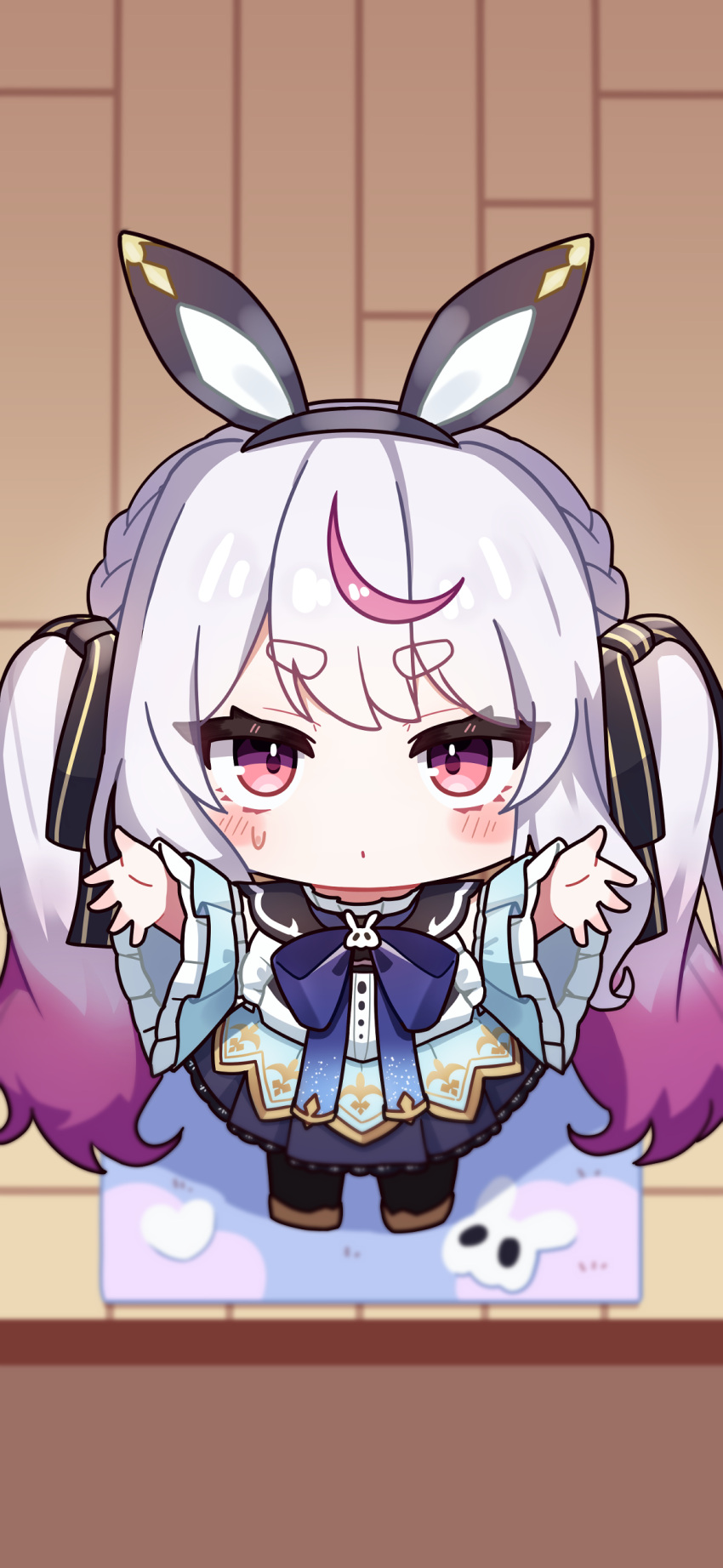 1girl, absurdres, animal_ears, arms_up, black_hairband, black_pantyhose, black_sailor_collar, blue_bow, blue_bowtie, blue_skirt, blush_stickers, bow, bowtie, carpet, chibi, chibi_only, closed_mouth, commentary_request, dot_mouth, fake_animal_ears, frilled_sleeves, frills, from_above, gradient_hair, hairband, highres, kiwipodo, long_hair, long_sleeves, looking_at_viewer, multicolored_hair, pantyhose, pink_eyes, purple_hair, rabbit_ears, reaching, reaching_towards_viewer, sailor_collar, shirt, skirt, solo, tosaki_mimi, tosaki_mimi_(2nd_costume), two-tone_hair, very_long_hair, vspo!, white_shirt, wide_sleeves