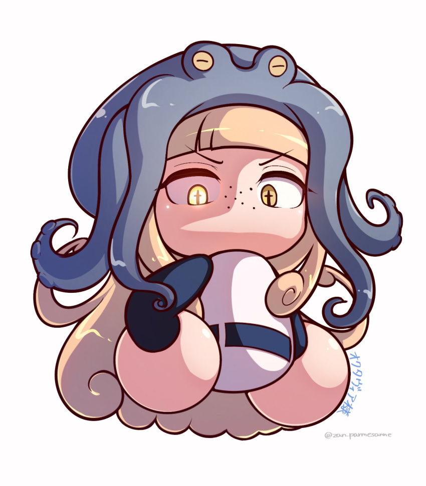 1girl, animal_on_head, baseball_uniform, blonde_hair, blue_shirt, commentary_request, cropped_torso, cross-shaped_pupils