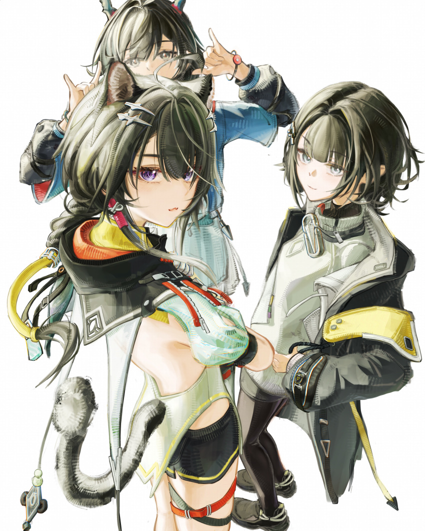 3girls, absurdres, animal_ears, arknights, arknights:_endfield, back_cutout, black_coat, black_hair