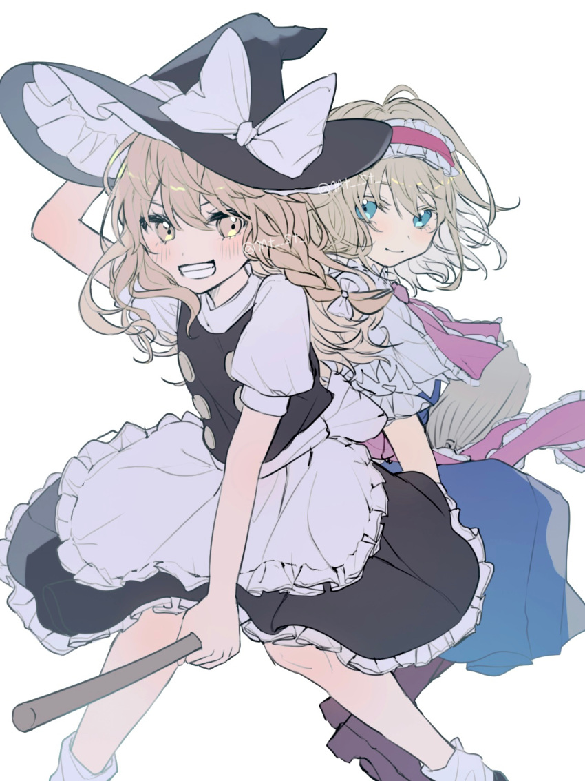 2girls, alice_margatroid, apron, black_hat, black_skirt, black_vest, blonde_hair, blue_dress