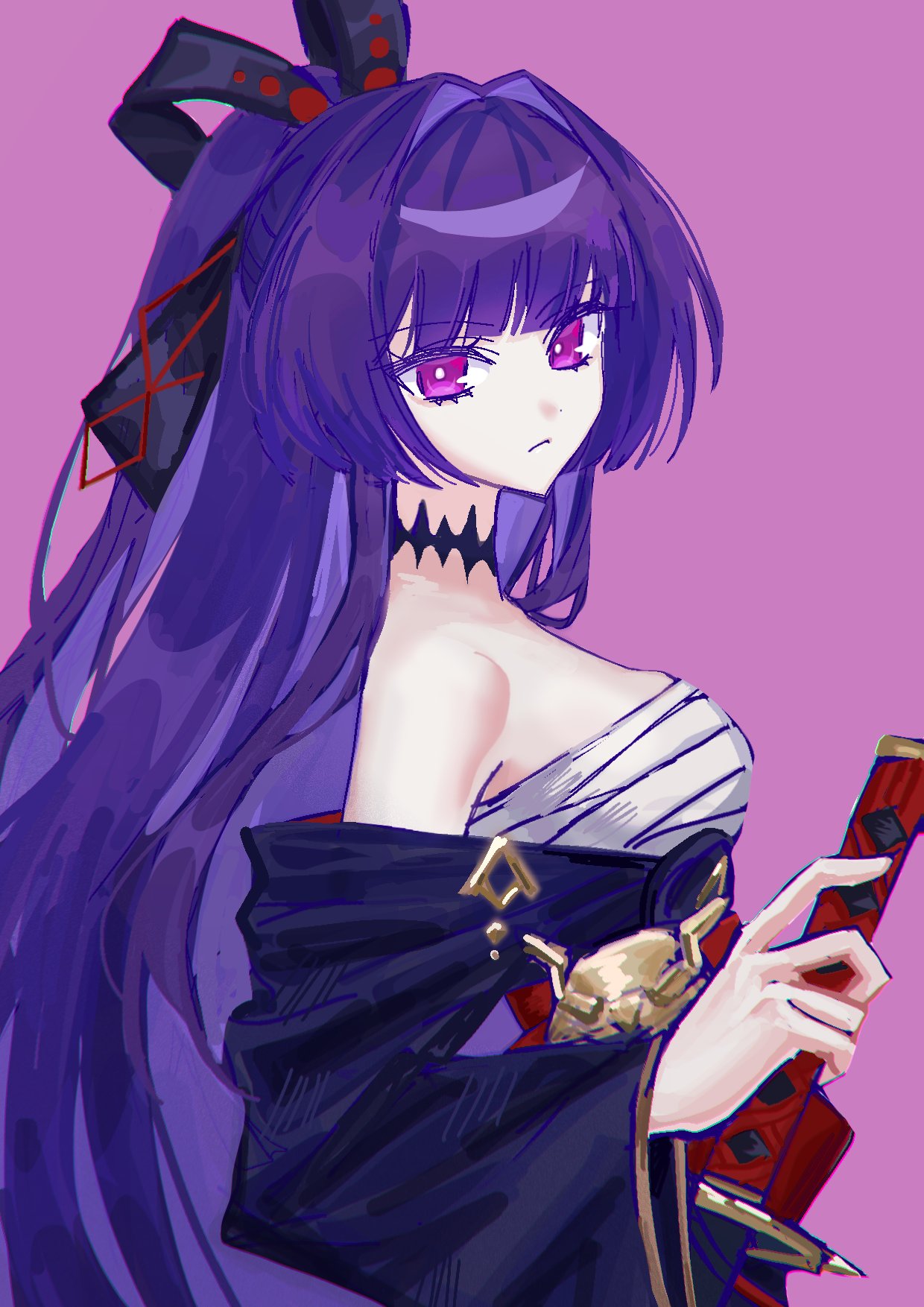 1girl, bare_shoulders, blunt_bangs, bow, chest_sarashi, choker, closed_mouth, english_commentary