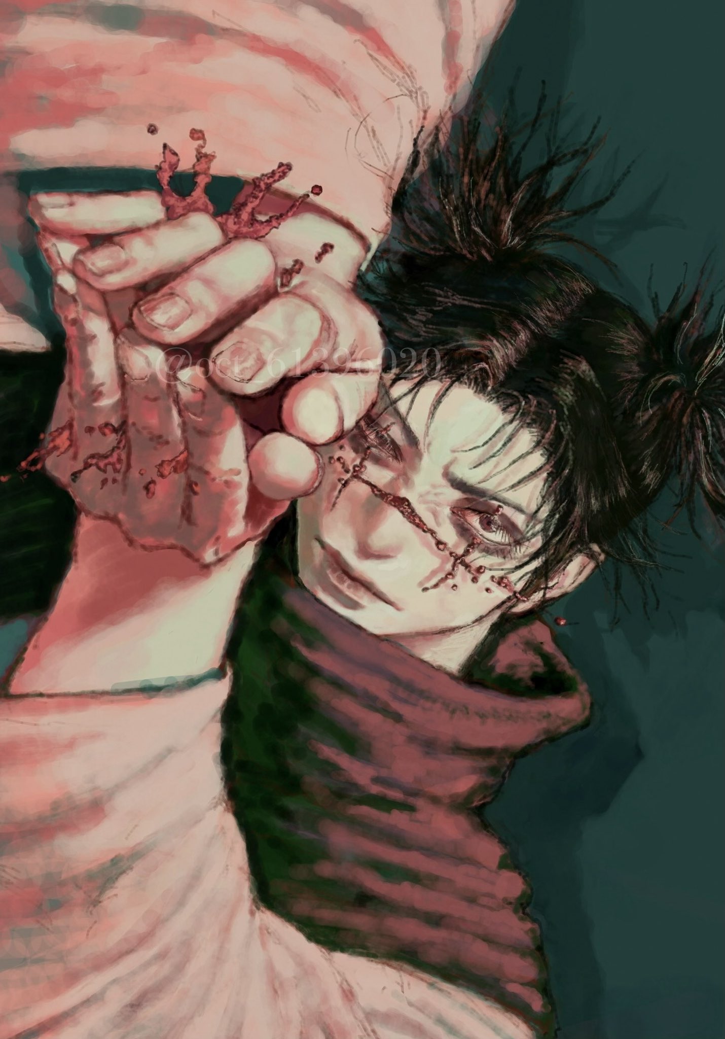 1boy, bags_under_eyes, black_hair, blood, choso_(jujutsu_kaisen), commentary_request, facial_mark, hemokinesis