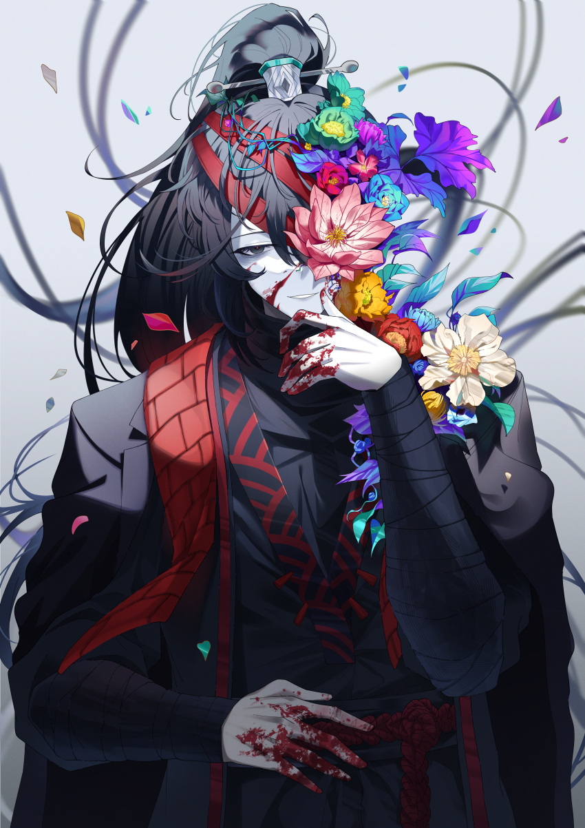 1boy, arms_up, bandage_over_one_eye, bandaged_arm, bandaged_head, beesqo, black_bandages, black_coat, black_eyes, black_hair, blood, blood_on_face, blood_on_hands, chinese_clothes, coat, colored_skin, flower, flower_on_head, flower_over_eye, grey_eyes, hand_on_stomach, hand_up, hanfu, high_ponytail, hong_lu_(project_moon), jacket, leaf, limbus_company, multicolored_flower, petals, ponytail, project_moon, red_bandage, red_belt, red_pupils, rope, rope_belt, sidelocks, sleeves_rolled_up, tagme, teeth, turtleneck, white_background