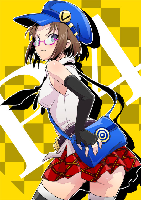 bag, bare_shoulders, belt, blue_eyes, breasts, brown, brown_hair, elbow_gloves, fingerless_gloves, glasses, gloves, hat, looking_back, mari_(persona), marie_(persona_4), messenger_bag, miniskirt, necktie, peaked_cap, persona, persona_4, persona_4_golden, persona_4_the_golden, plaid, plaid_skirt, shidatsu_takayuki, shoulder_bag, sideboob, skirt, sleeveless, sleeveless_shirt, smile, solo, thighhighs