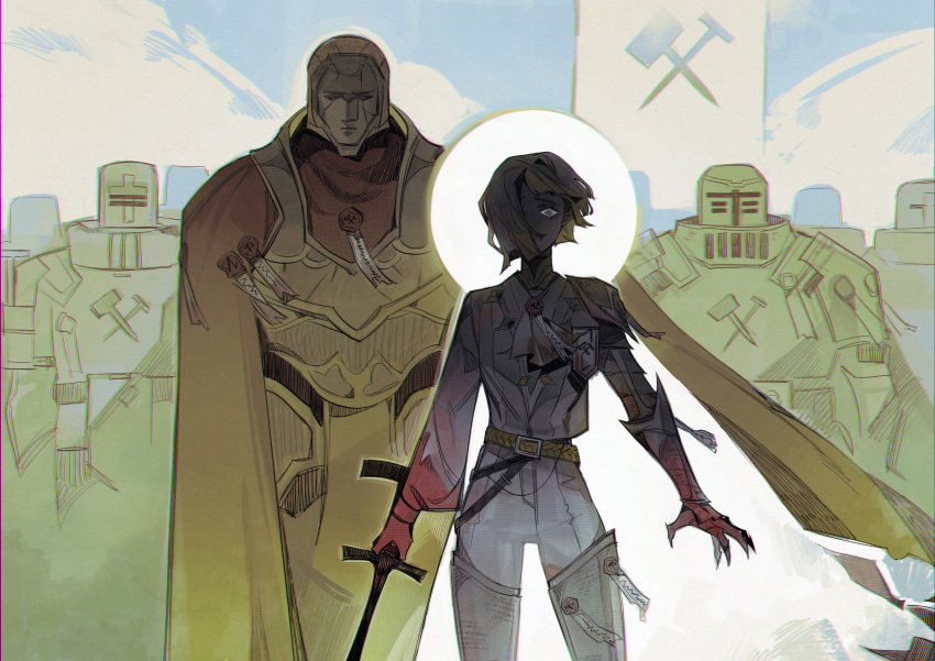 1boy, 1girl, 6+others, absurdres, armor, armored_boots, blonde_hair, boots