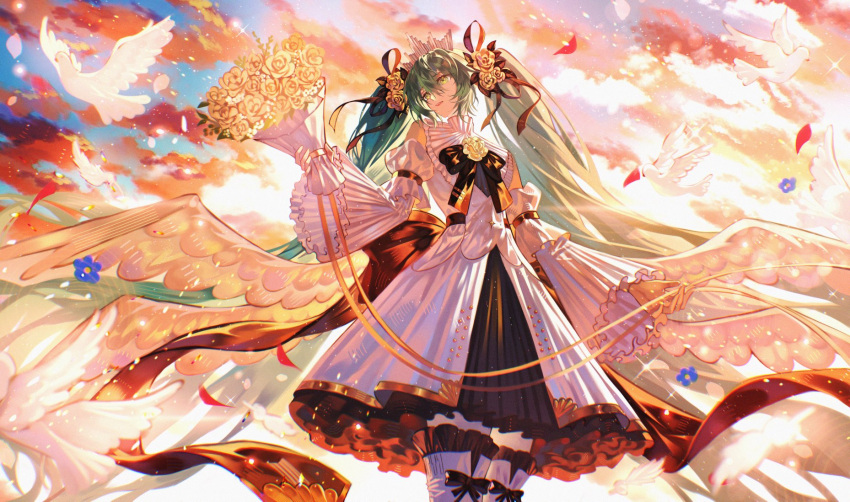 1girl, aqua_eyes, aqua_hair, azuriel, bird, bouquet, bow, bowtie, clouds, commission, dress, english_commentary, feathered_wings, flower, frilled_dress, frilled_skirt, frilled_sleeves, frilled_thighhighs, frills, hair_flower, hair_ornament, hatsune_miku, highres, holding, holding_bouquet, long_hair, miku_symphony_(vocaloid), petals, ribbon, rose, skirt, sky, smile, solo, thigh-highs, twintails, very_long_hair, vocaloid, wings, yellow_ribbon