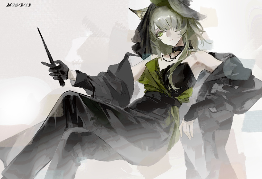 1girl, absurdres, animal_ears, arknights, bare_shoulders, black_choker, black_gloves, black_jacket