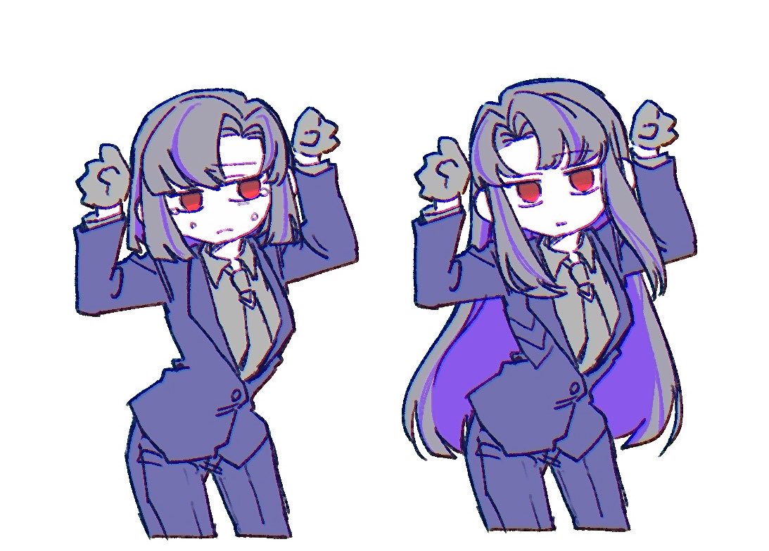 2girls, araya_(project_moon), black_hair, blue_jacket, blue_pants, blue_suit, caramelldansen, closed_mouth, collared_shirt, commentary, cowboy_shot, crying, grey_necktie, grey_shirt, hands_up, jacket, limbus_company, long_hair, looking_at_another, looking_at_viewer, medium_hair, multiple_girls, necktie, pants, parted_bangs, pinky_(identity)_(project_moon), project_moon, red_eyes, ryoshu_(project_moon), shirt, sidelocks, ssmr_rolling, suit, very_long_hair