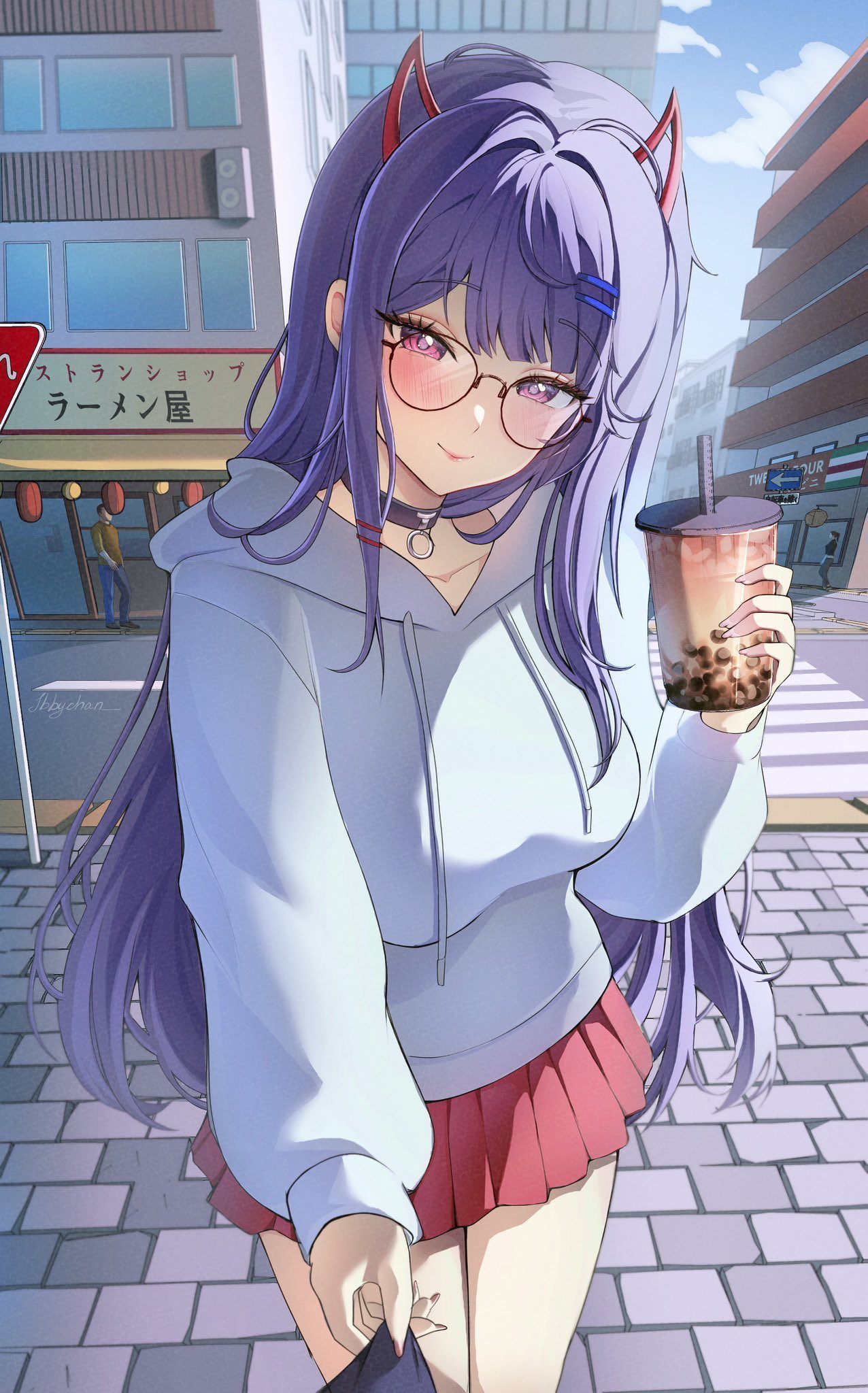 1boy, 2girls, akuma_nihmune, black_choker, blush, breasts, bubble_tea, choker, closed_mouth, clouds, commentary, cup, demon_horns, disposable_cup, drawstring, english_commentary, glasses, highres, holding, holding_cup, hood, hoodie, horns, ibbychan, indie_virtual_youtuber, large_breasts, long_hair, long_sleeves, looking_at_viewer, multiple_girls, outdoors, pleated_skirt, purple_hair, red_skirt, road_sign, round_eyewear, sign, skirt, sky, smile, solo, solo_focus, standing, violet_eyes, virtual_youtuber, white_hoodie
