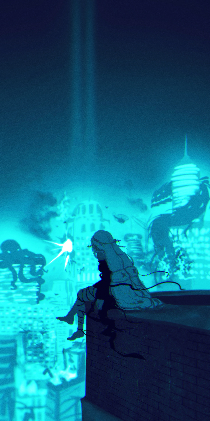 1girl, absurdres, arknights, barefoot, beacon, blue_theme, cityscape, dire_illus