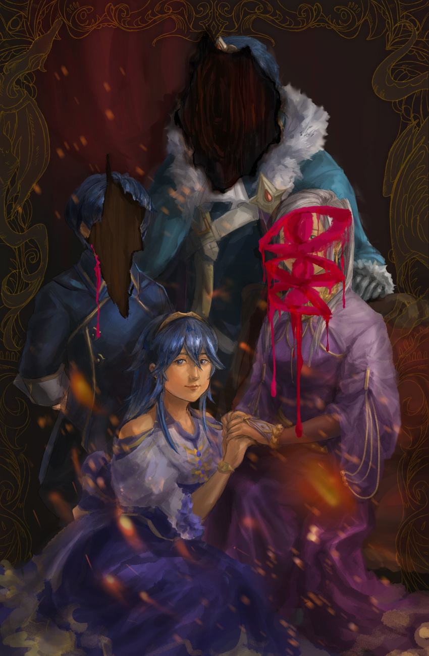 2boys, 2girls, absurdres, aged_up, bakanachos, blue_hair, cape, chrom_(crowned_exalt)_(fire_emblem)