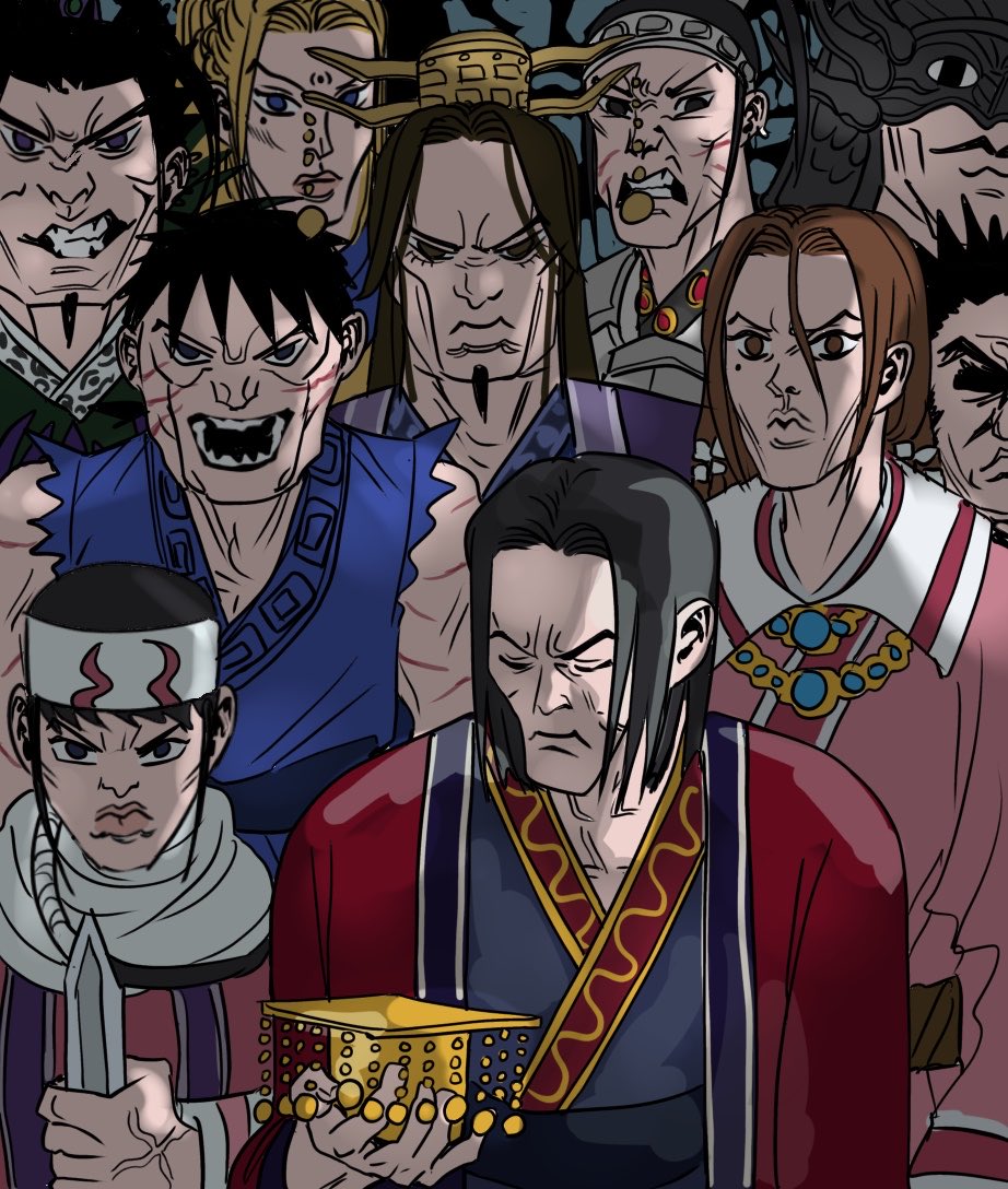 2girls, 6+boys, armor, chinese_armor, chinese_clothes, chinese_text, commentary_request, ei_sei_(kingdom)